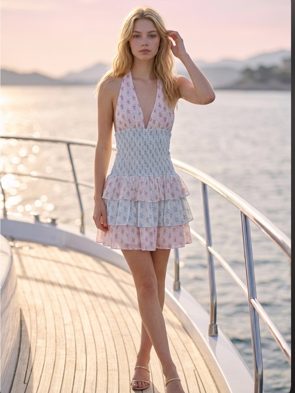 Altar'd State Pink and Light Blue Smocked Halter Tiered Mini Dress